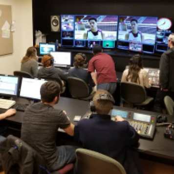 Students get hands-on experience in the studio at High School Journalism Day. Photo by Professor Kevin Tompkins.