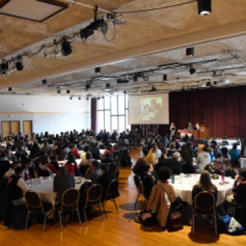 Students gather in the University Center Ballroom for the kick off of High School Journalism Day. Photo by Jamie Drysdale.
